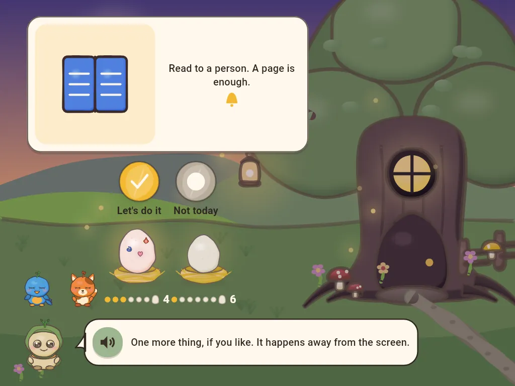 Evening in the Hollow. A card suggests: Read to a person. A page is enough. Buttons say Let's do it and Not today.