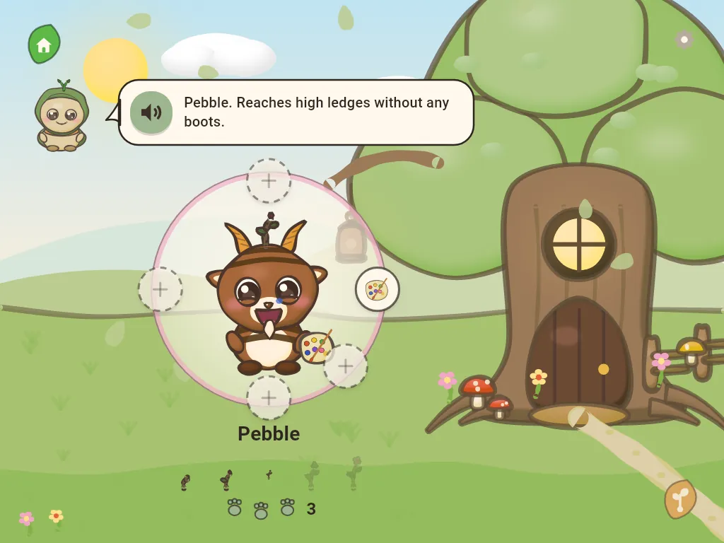 A cheerful deer-like creature named Pebble holding a paint palette, with empty gear slots around it.