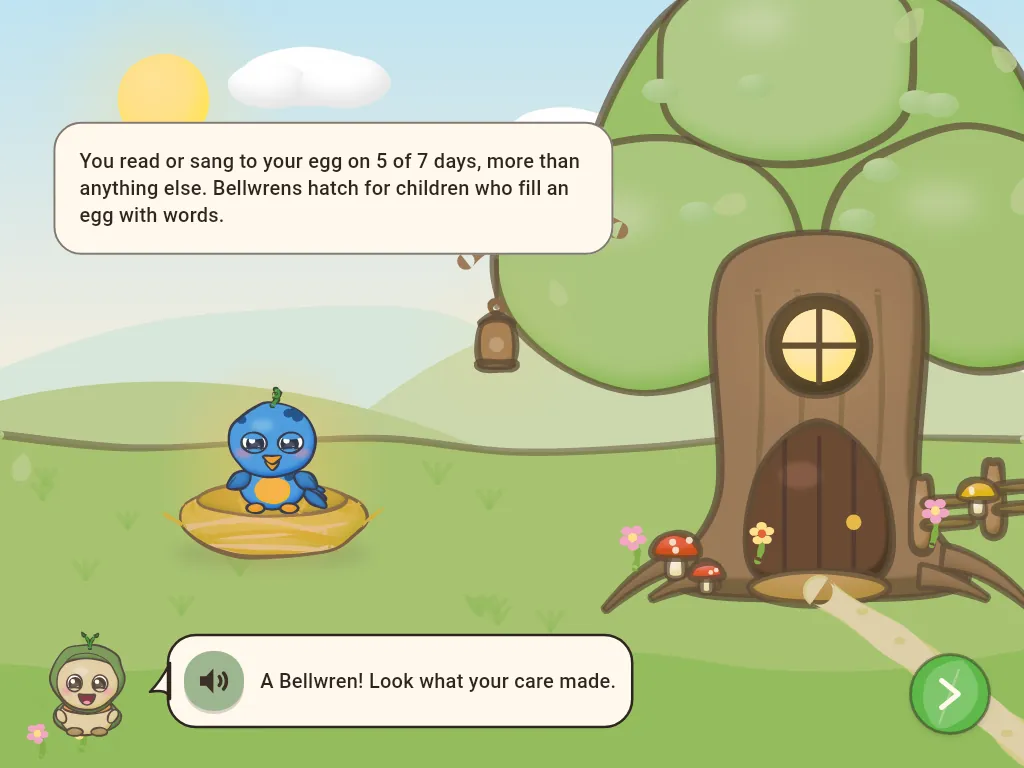 A blue bird creature hatched in its nest, with the message: you read or sang to your egg on 5 of 7 days.