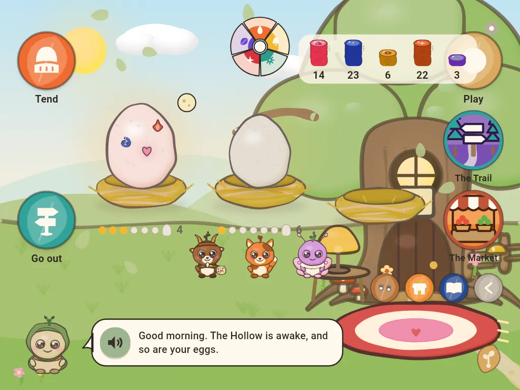 The app's home screen: two eggs resting in nests beneath a large tree house, three small creatures nearby, and a friendly guide character saying good morning.
