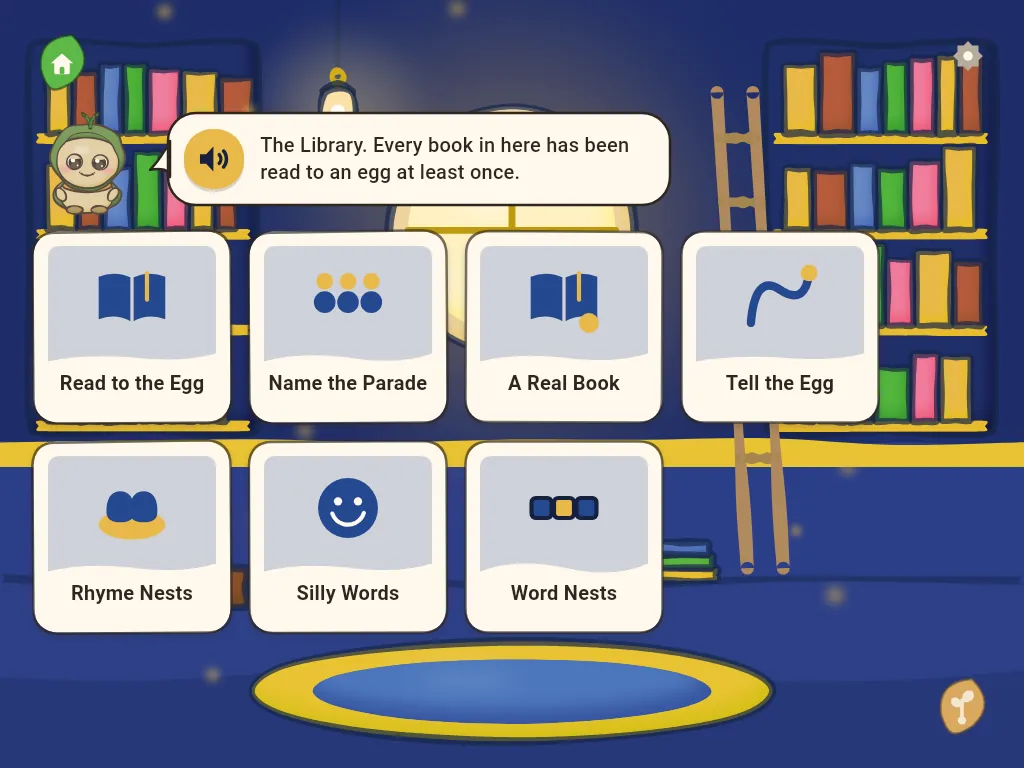 The Library: bookshelves and activity cards for rhymes, first sounds and silly words.