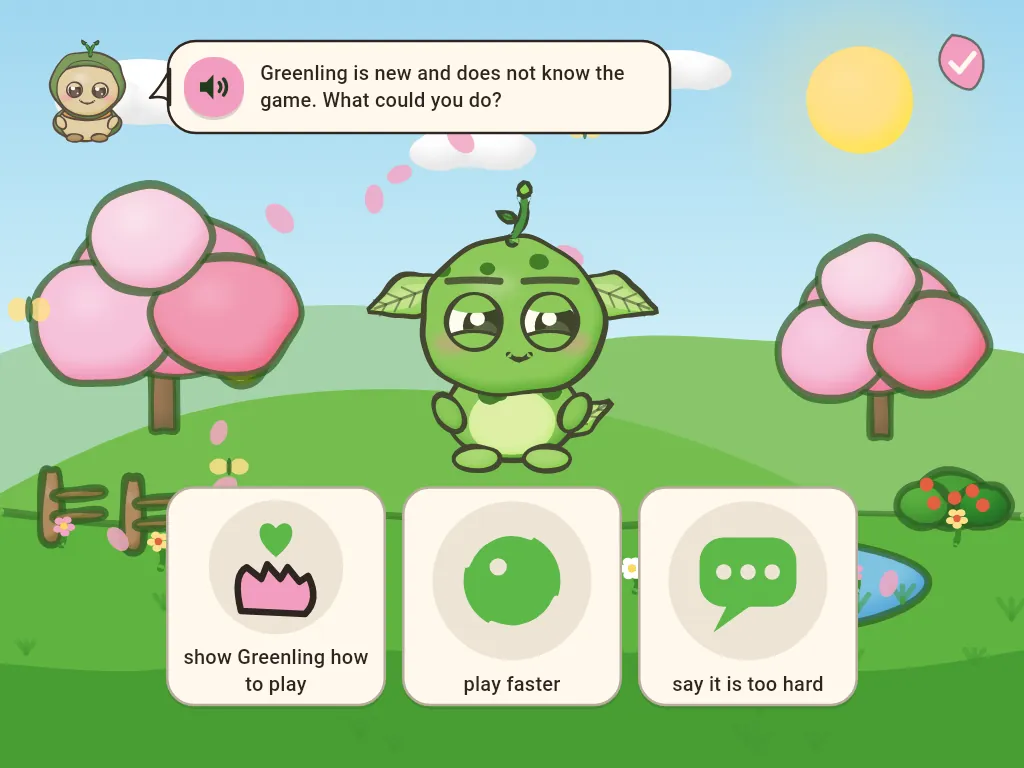 The Meadow: a green creature with a feeling on its face and answer cards to choose from.